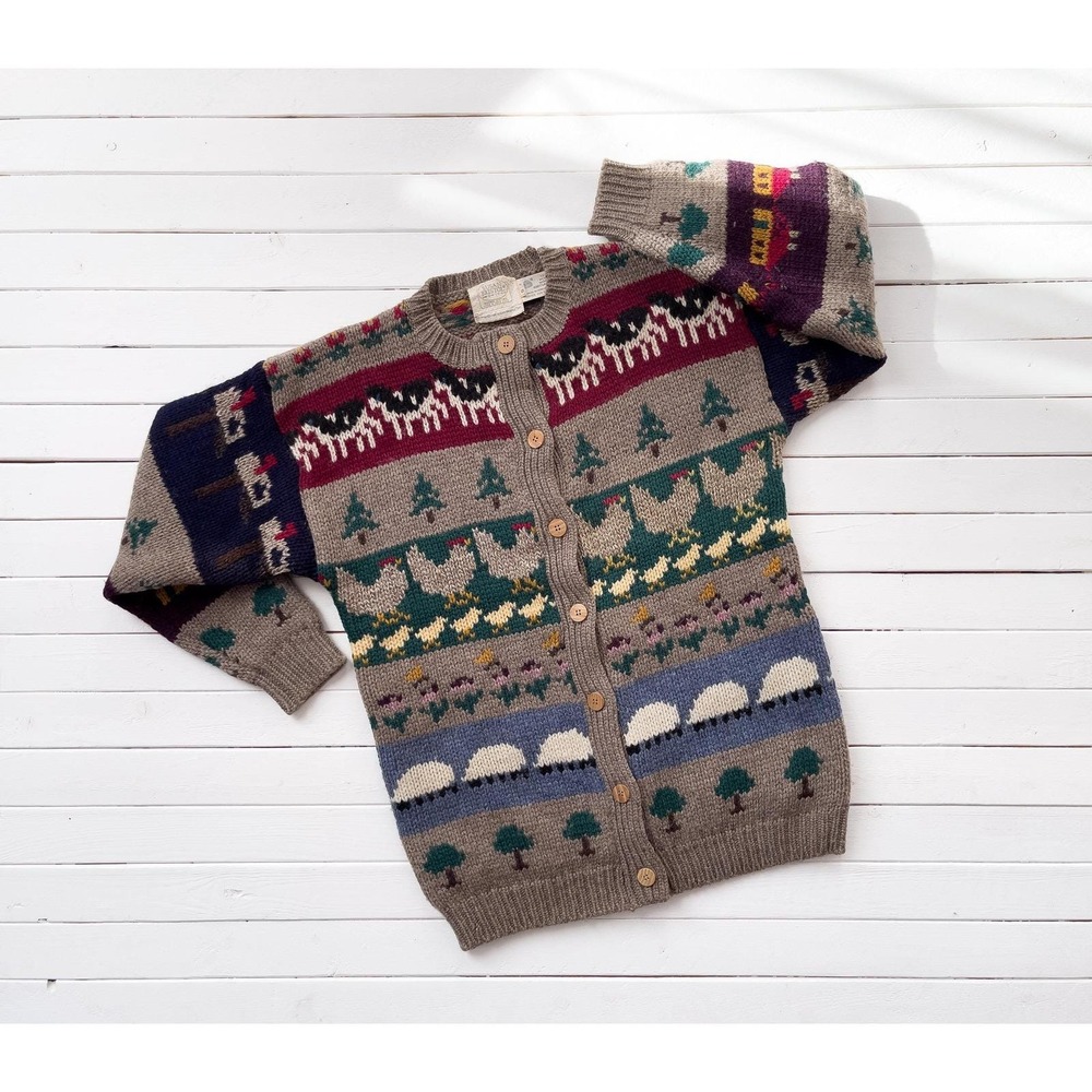 Susan Bristol vtg brown sheep cow chicken farm animal cardigan sweater‎